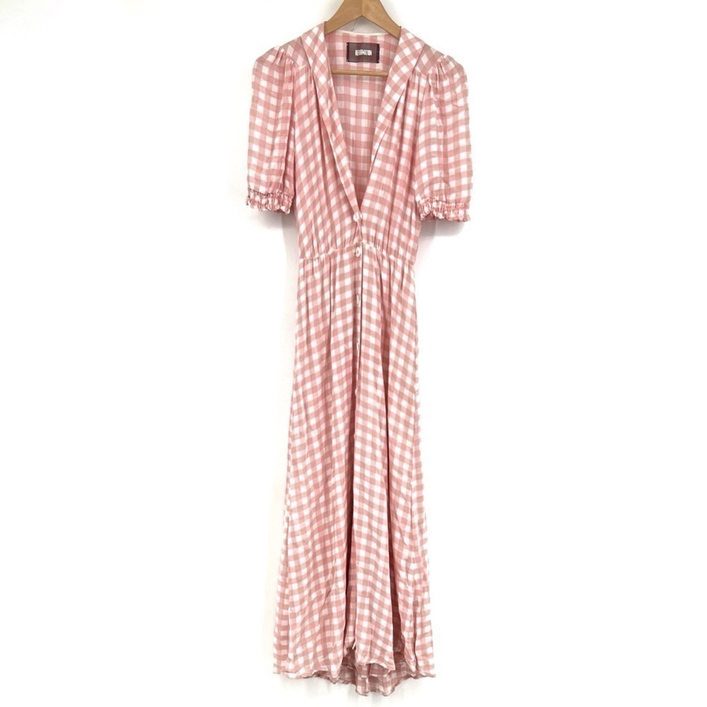 Reformation pink checker deep v neck plunge midi dress SIZE SMALL - Picture 2 of 7